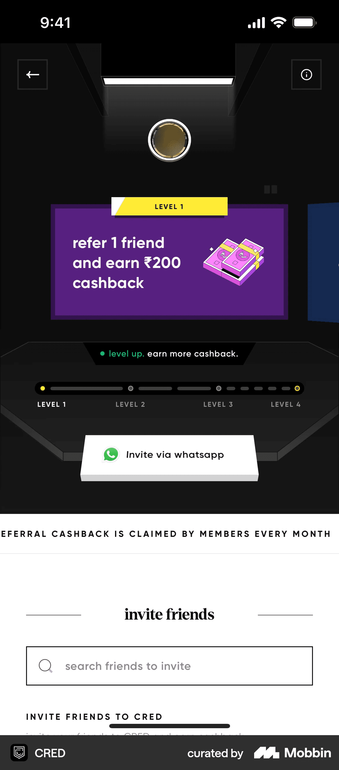 CRED iOS screen used as a visual precedent — game-like depth and edges applied to ordinary financial actions.