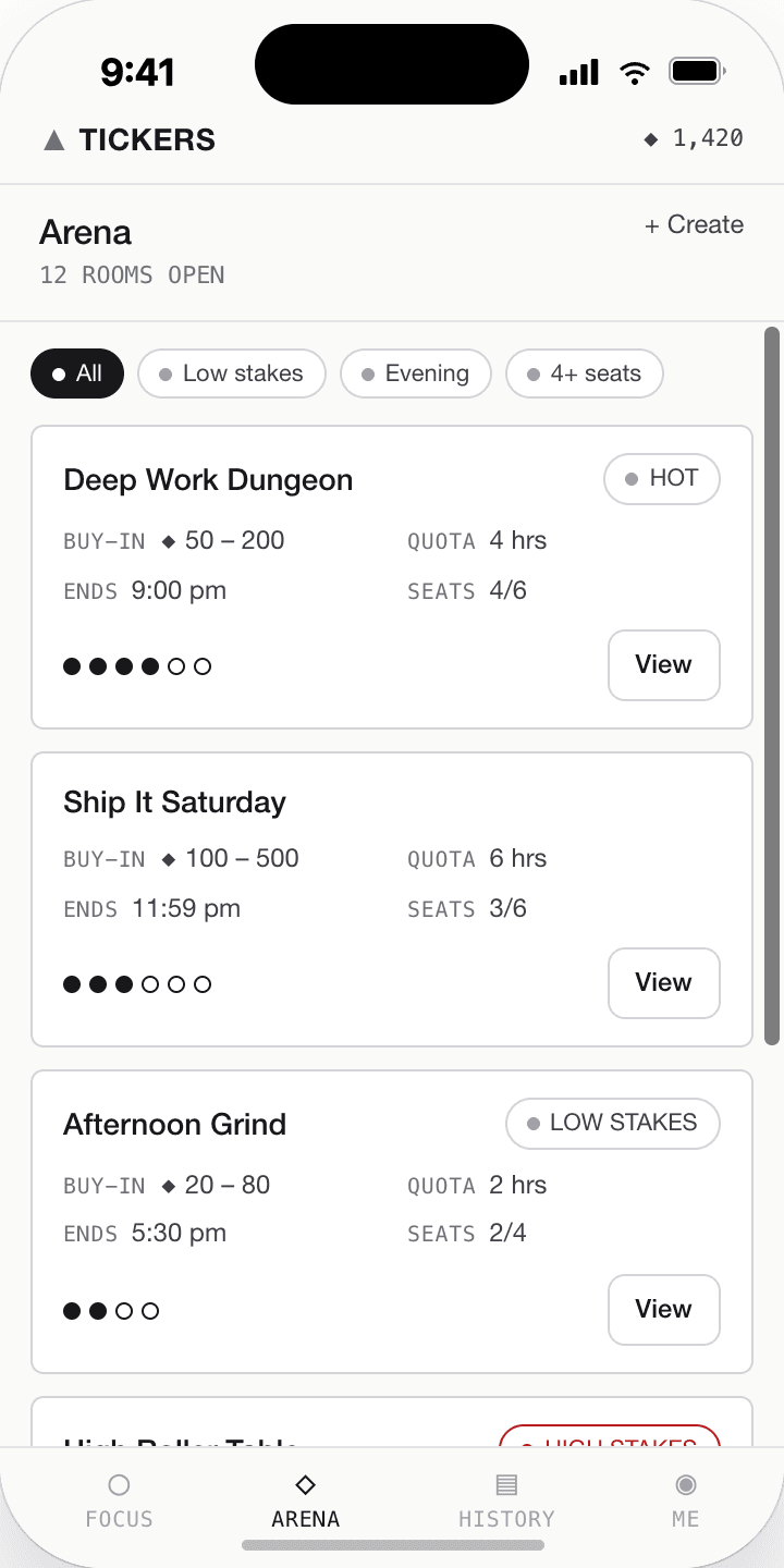 Arena room list — open sessions, quotas, buy-ins, and filters used to test how users are invited into the arena.