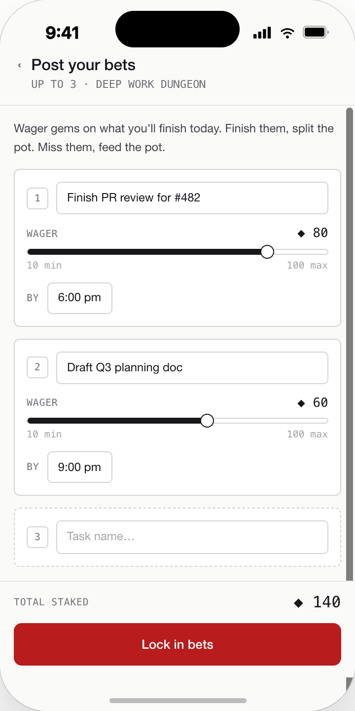 Mission setup — task and wager flow used to test how productivity is turned into a formal commitment with stakes.