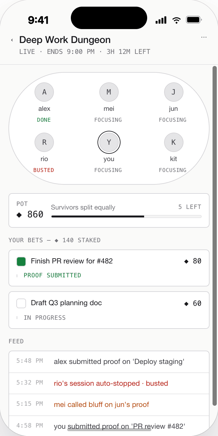 Live room state — participants, pot, progress, and event feed used to test social visibility and pressure.