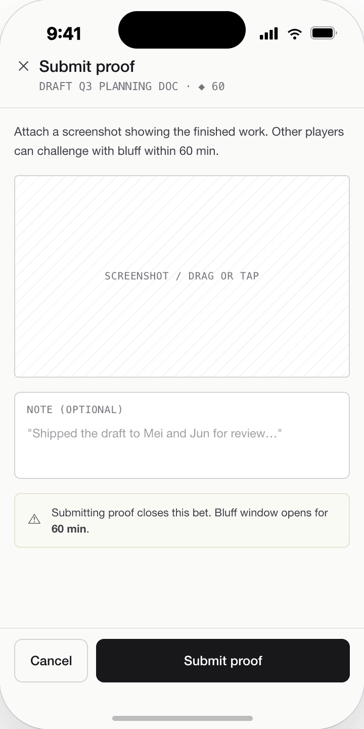 Proof submission flow — testing how evidence and verification are made to feel normal inside the system.