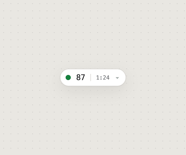 Collapsed desktop HUD — small calm surface showing the current focus-integrity score without interrupting work.