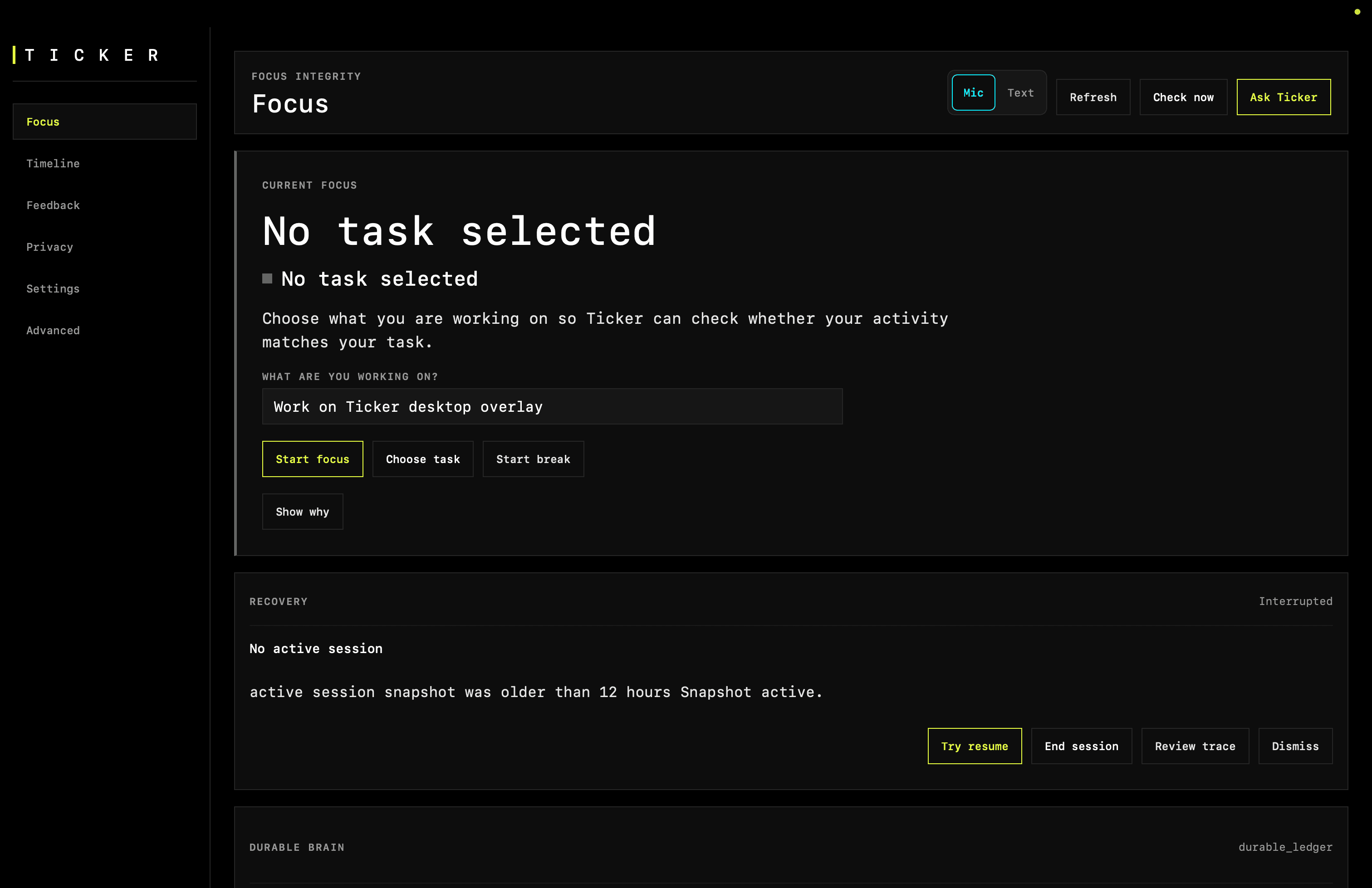Ticker Focus page showing no task selected and an input for Work on Ticker desktop overlay.