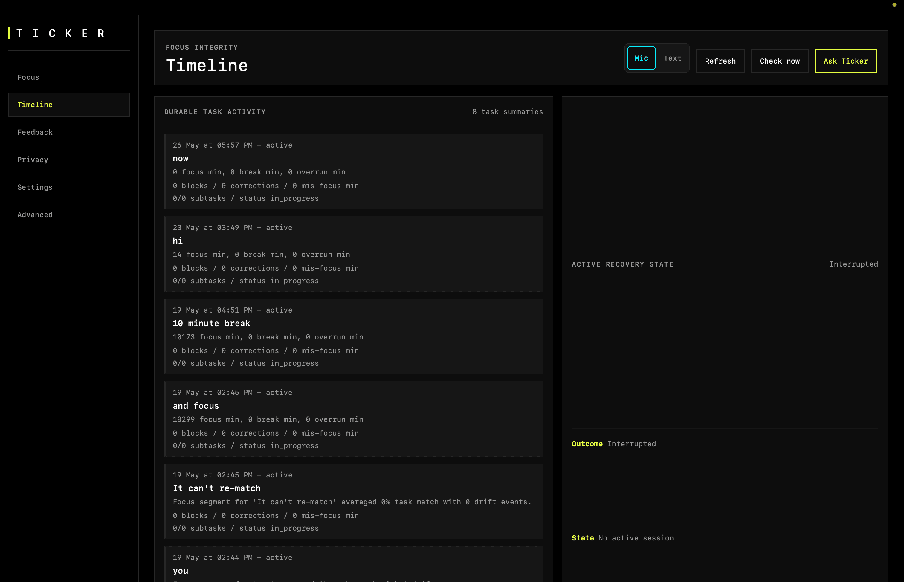 Ticker Timeline page showing durable task activity cards and active insight state.