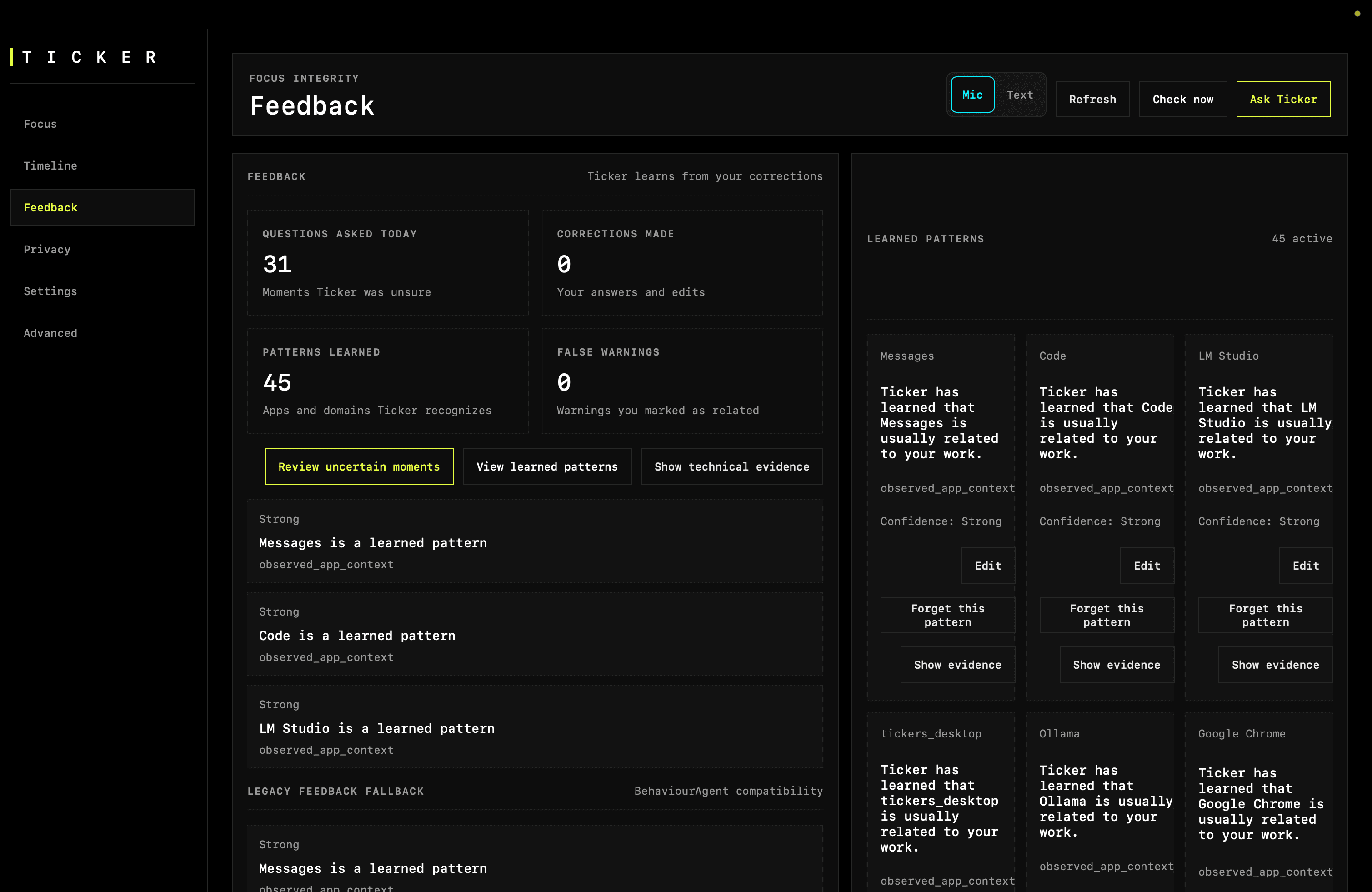 Ticker Feedback page showing questions asked today, corrections made, and patterns learned.