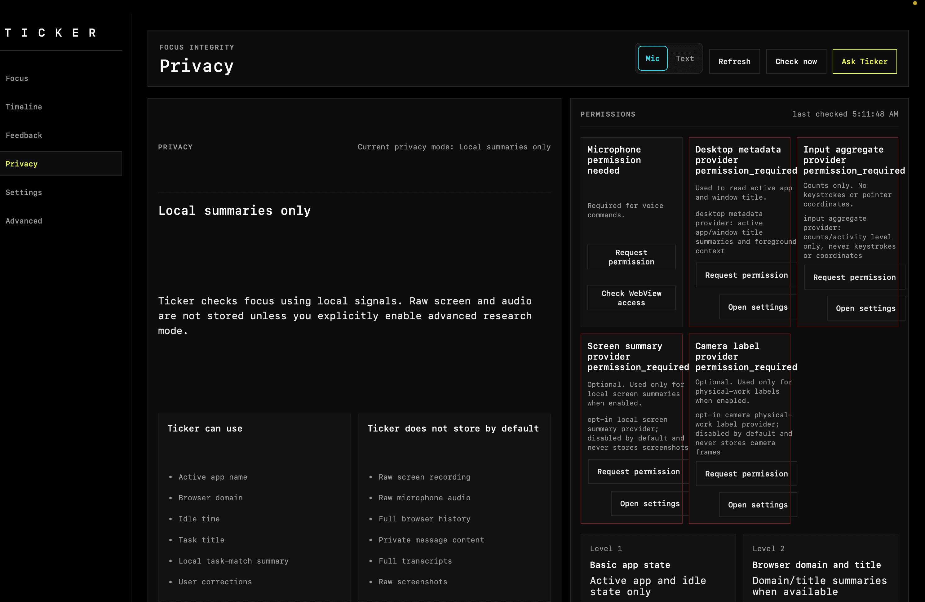 Ticker Privacy page showing permission blocks for desktop metadata, input aggregate, screen summary, and camera labels.