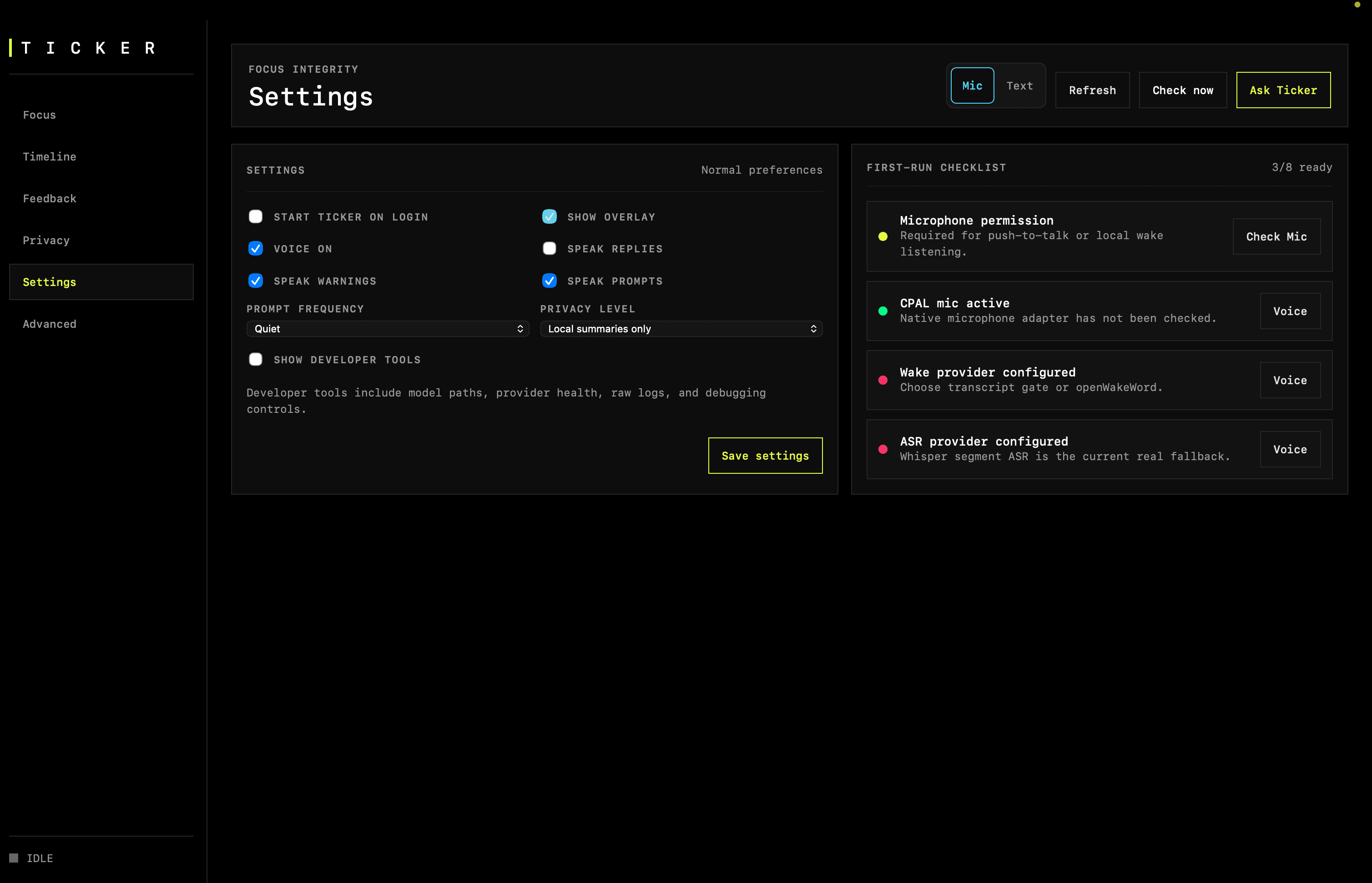 Ticker Settings page showing voice settings, overlay settings, privacy level, and first-run checklist.
