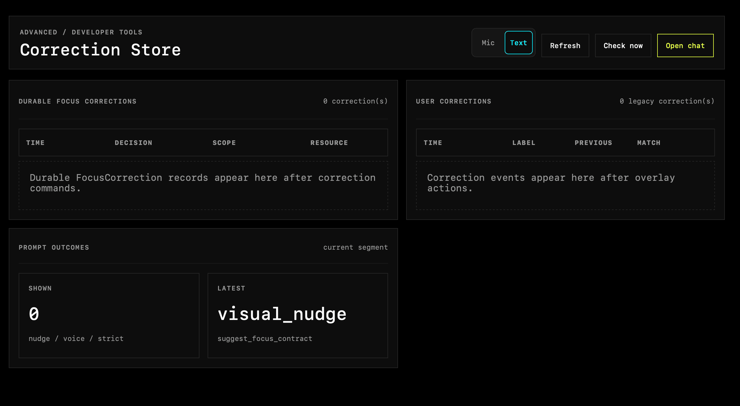 Ticker Correction Store page showing durable focus corrections, user corrections, and prompt outcomes.