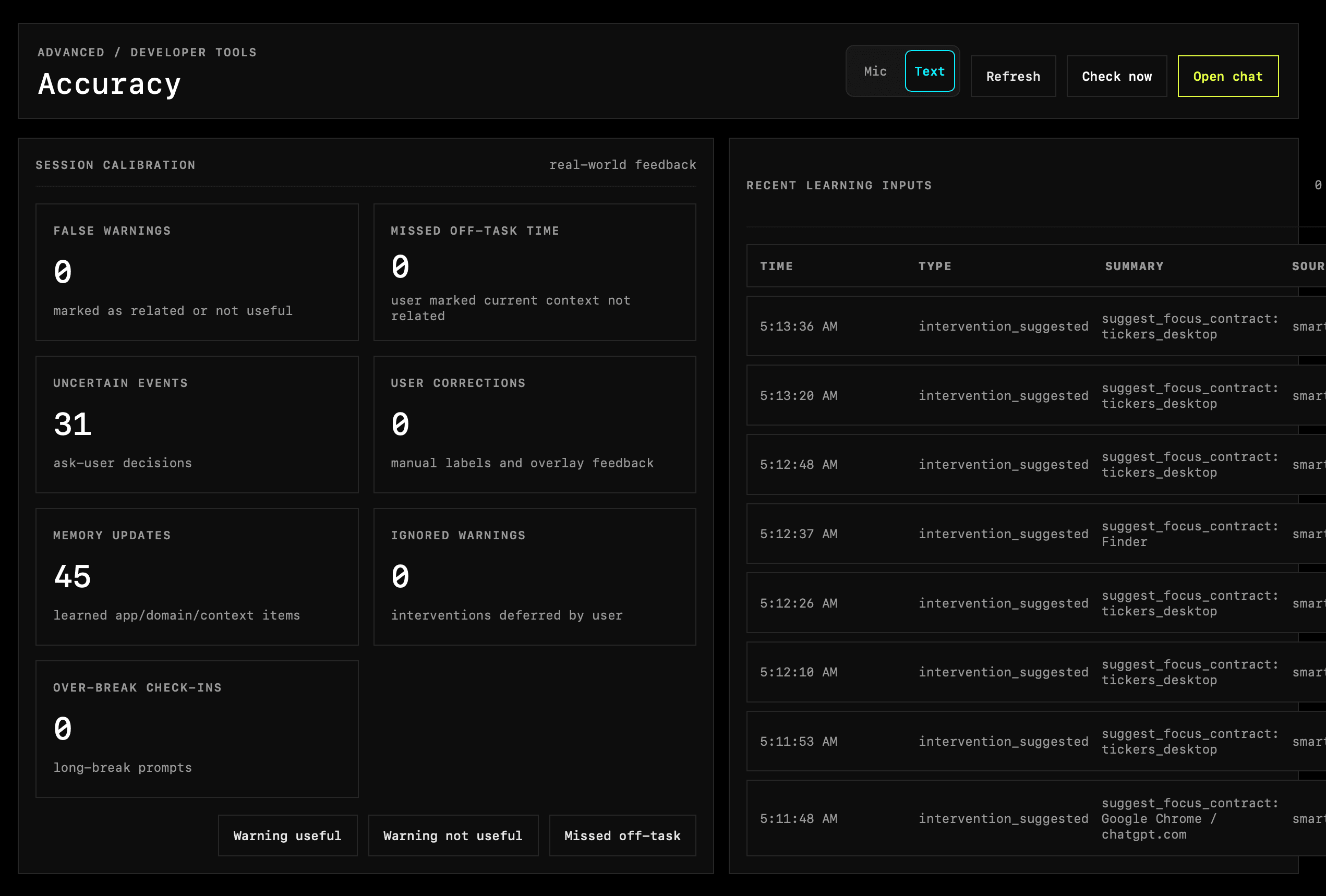 Ticker Accuracy page showing false warnings, missed off-task time, uncertain events, user corrections, and memory updates.