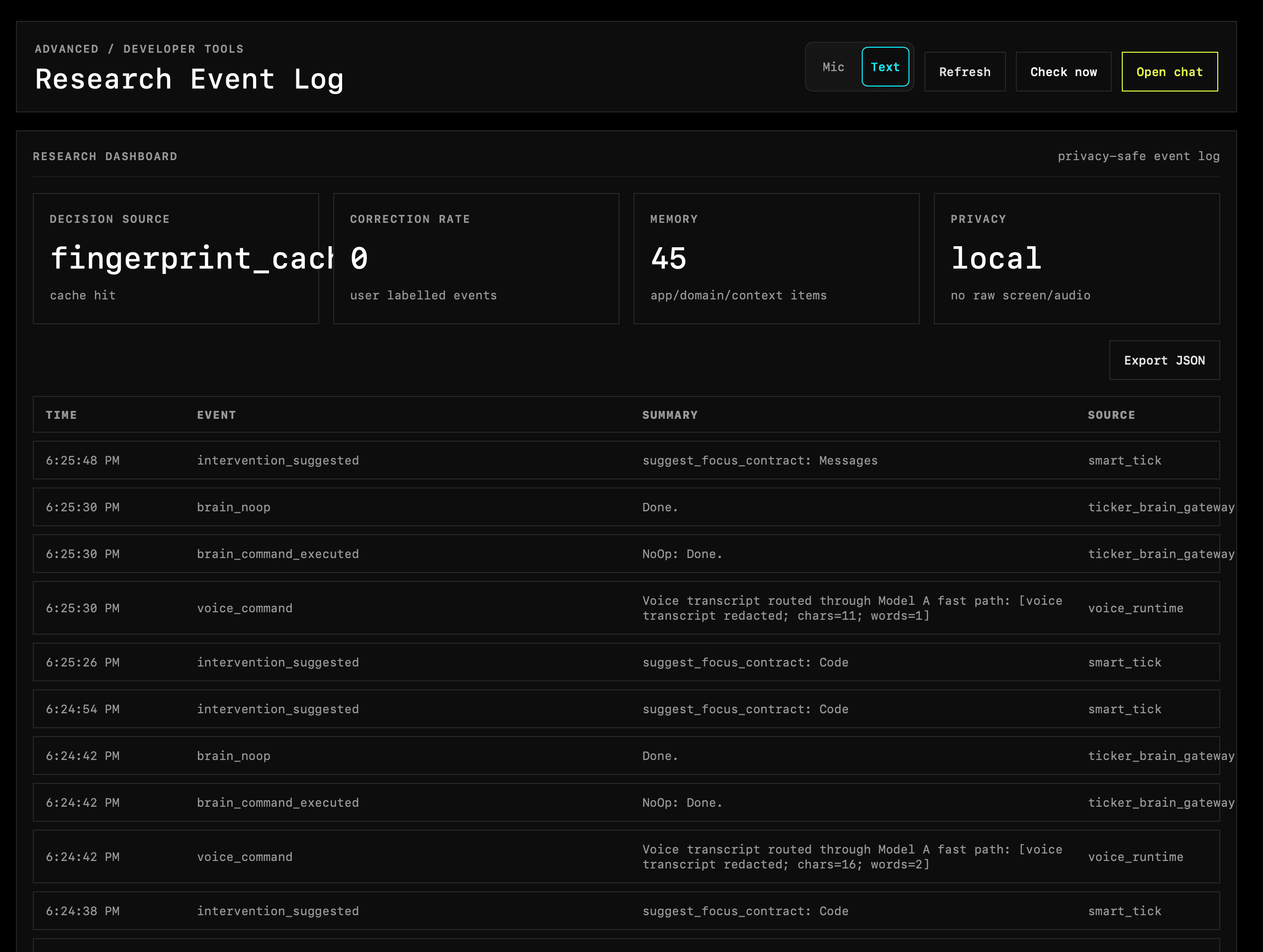 Ticker Research Event Log showing decision source, correction rate, memory count, privacy mode, and recent events.