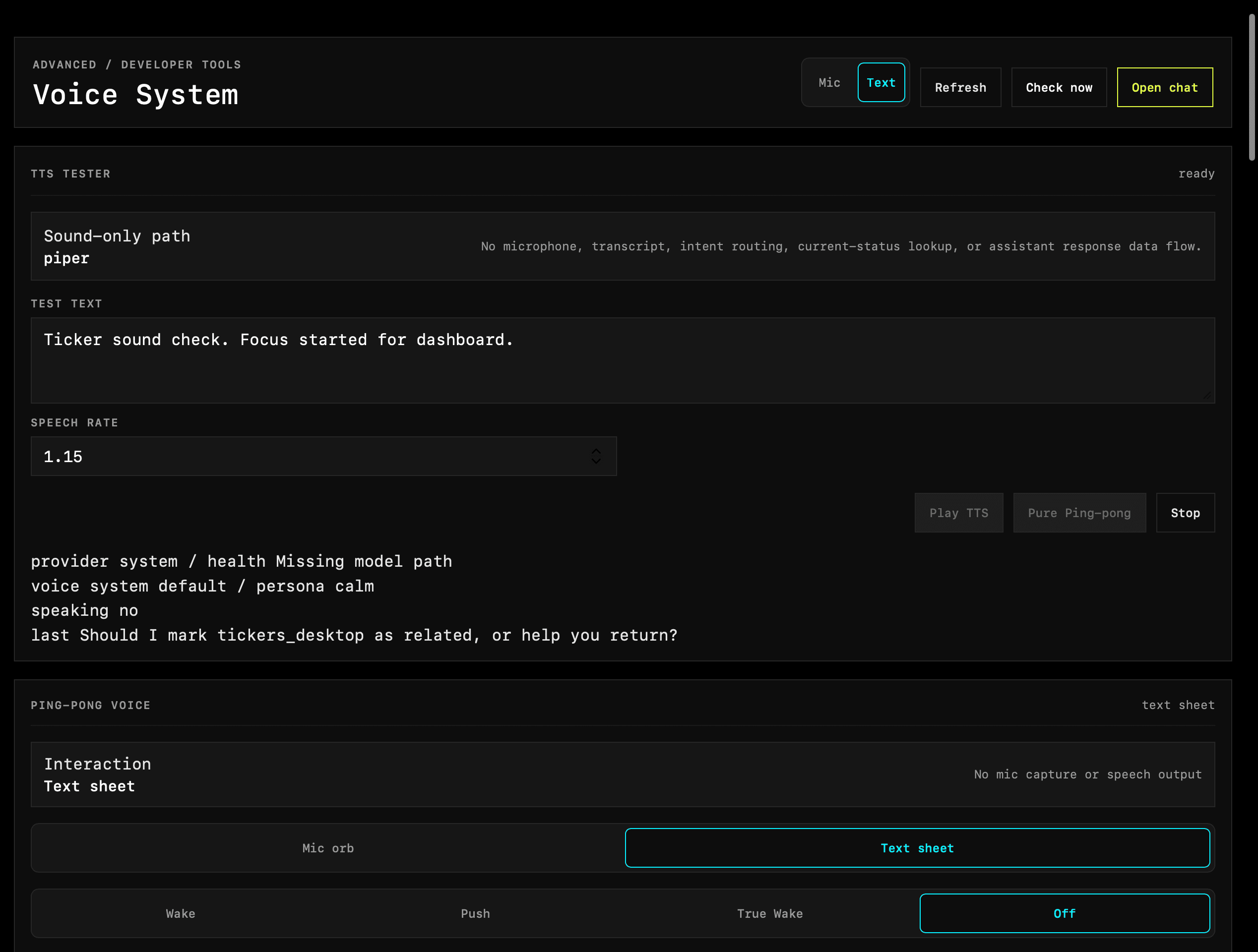 Ticker Voice System page showing TTS tester, sound only path, speech rate, persona, and sample prompt.