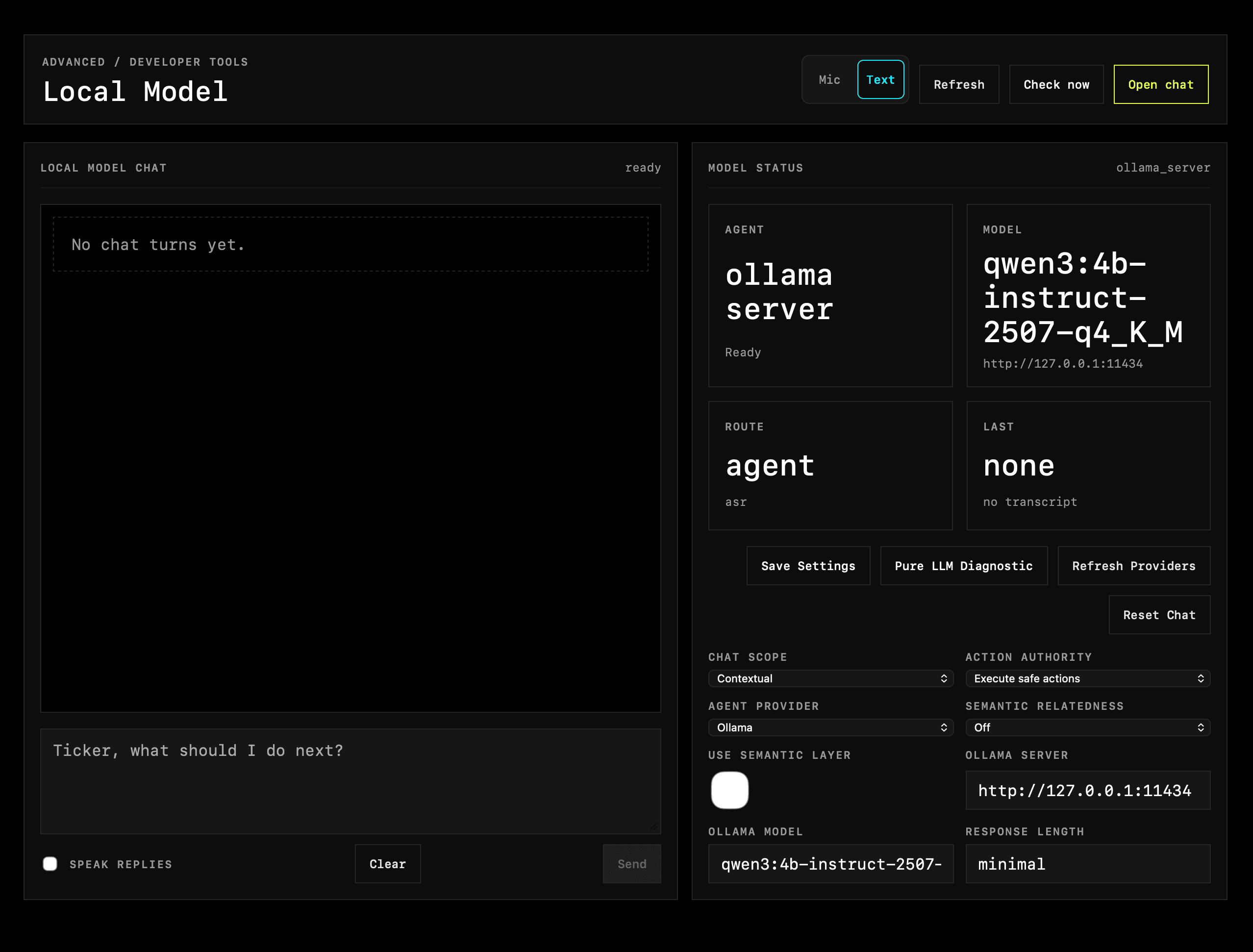Ticker Local Model page showing Ollama server, Qwen model, chat scope, action authority, and semantic relatedness settings.