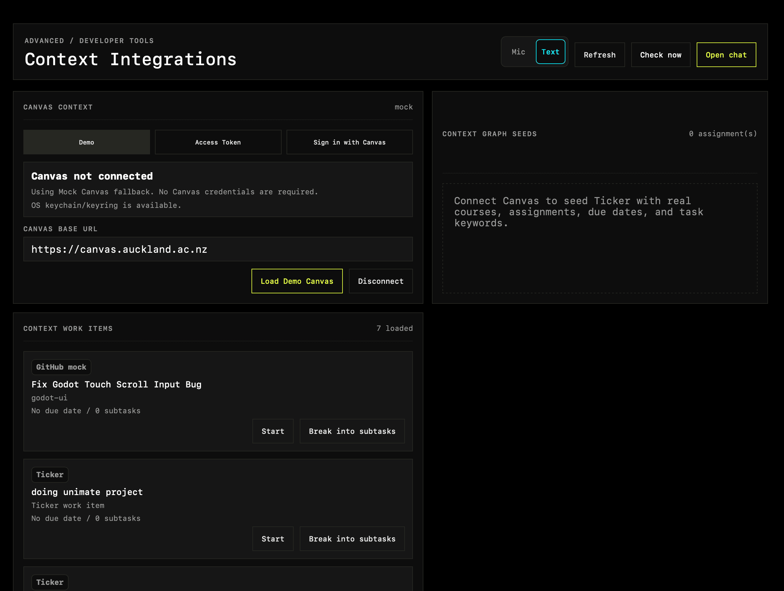Ticker Context Integrations page showing Canvas mock, GitHub mock task, and local work items.