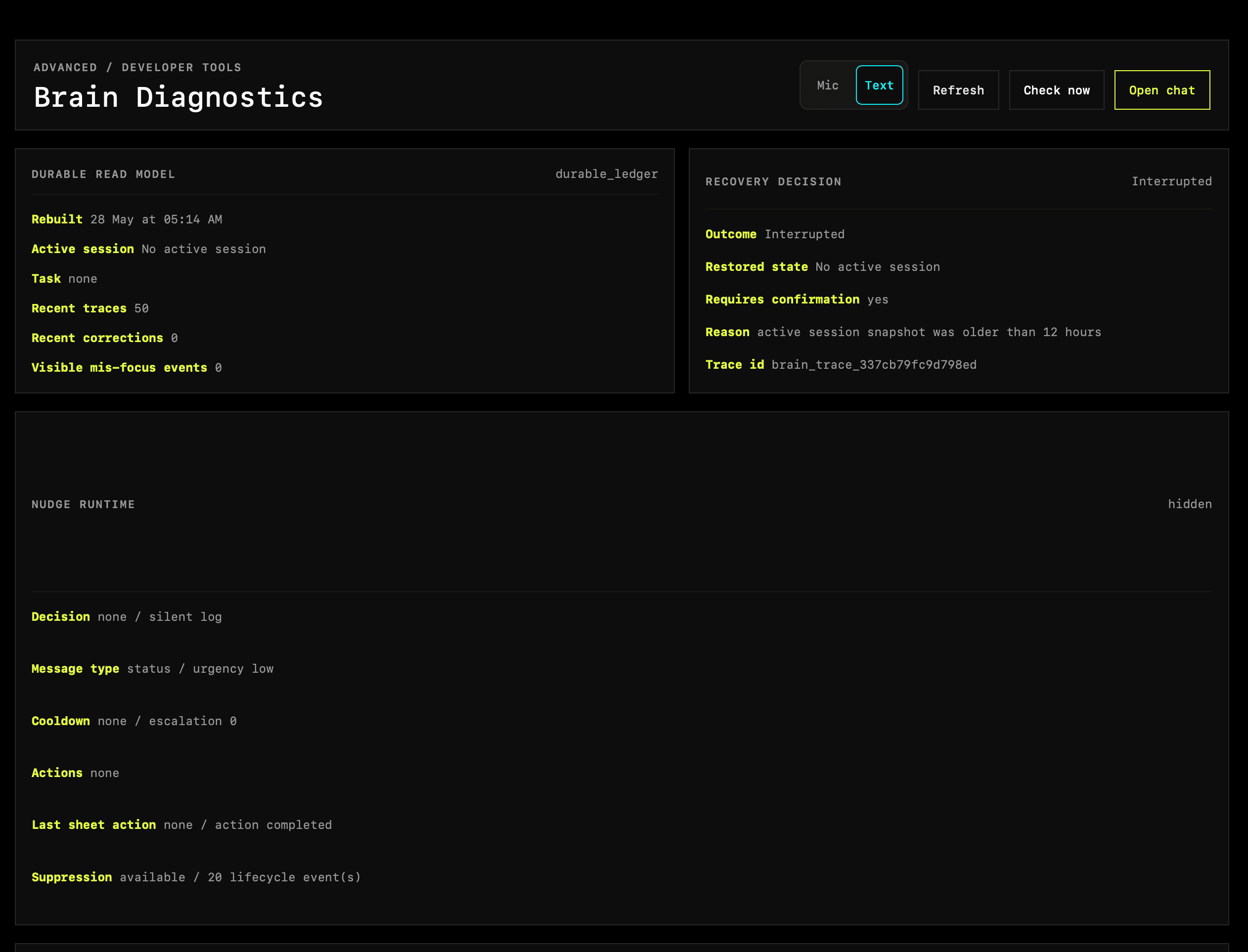 Ticker Brain Diagnostics page showing durable read model, recovery decision, and nudge runtime.