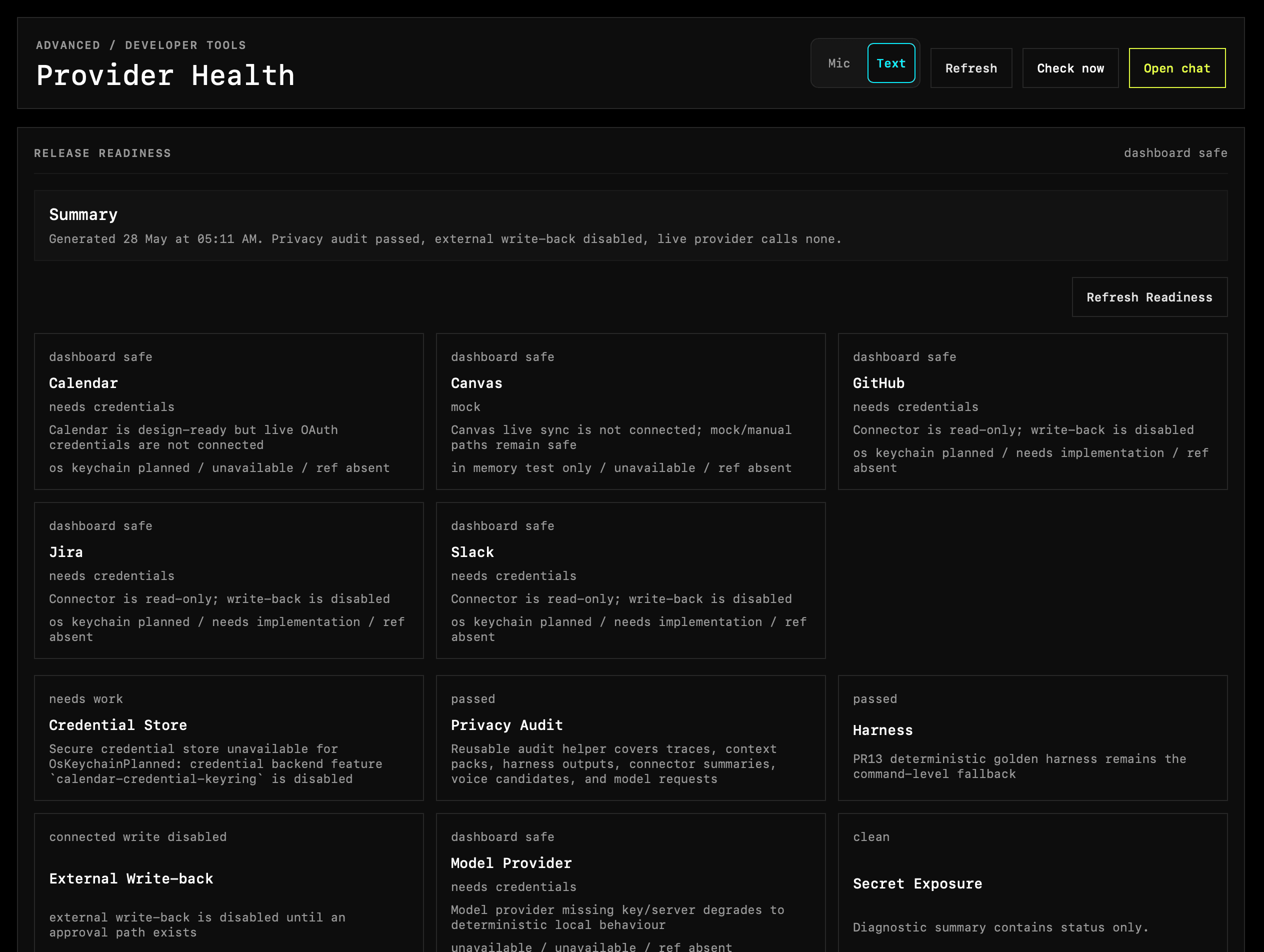 Ticker Provider Health page showing connector statuses, privacy audit, external write-back, and secret exposure.