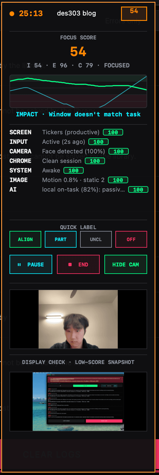 Live macOS Focus Integrity tracker showing a session score, active app evidence, input activity, camera presence, screen change, and AI judgement.