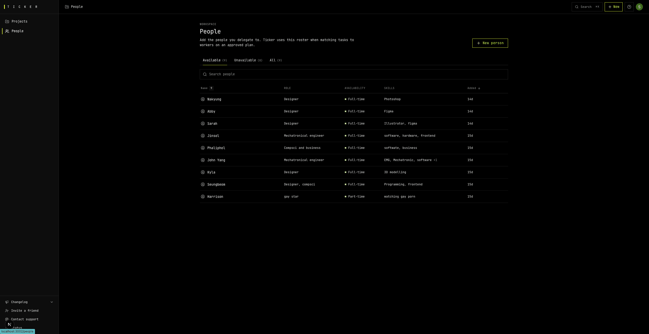 B2B SaaS home dashboard showing a people list.