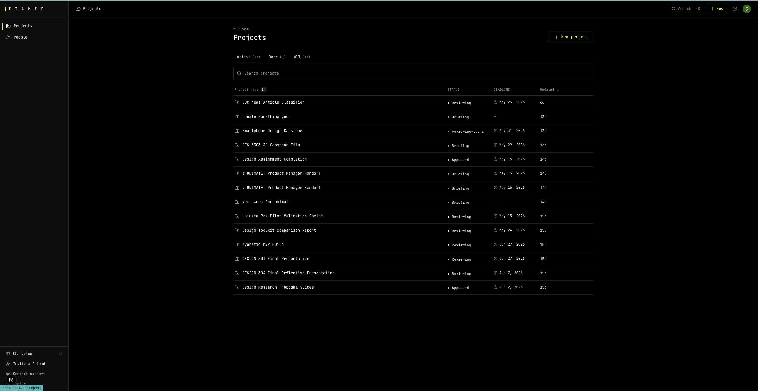 B2B SaaS home dashboard showing a project list.
