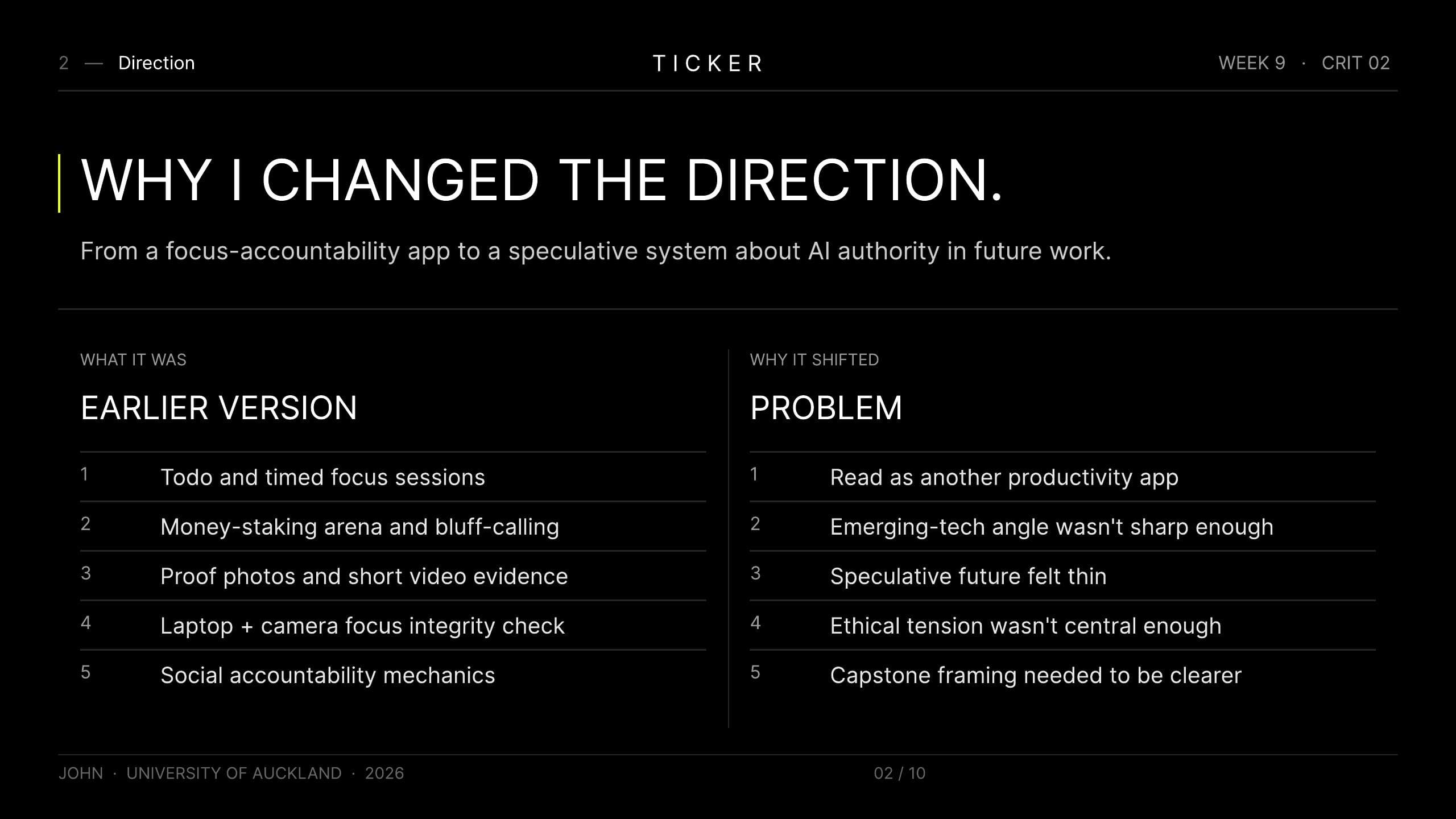 Crit 2 direction slide explaining why Ticker shifted from a focus app to AI authority.