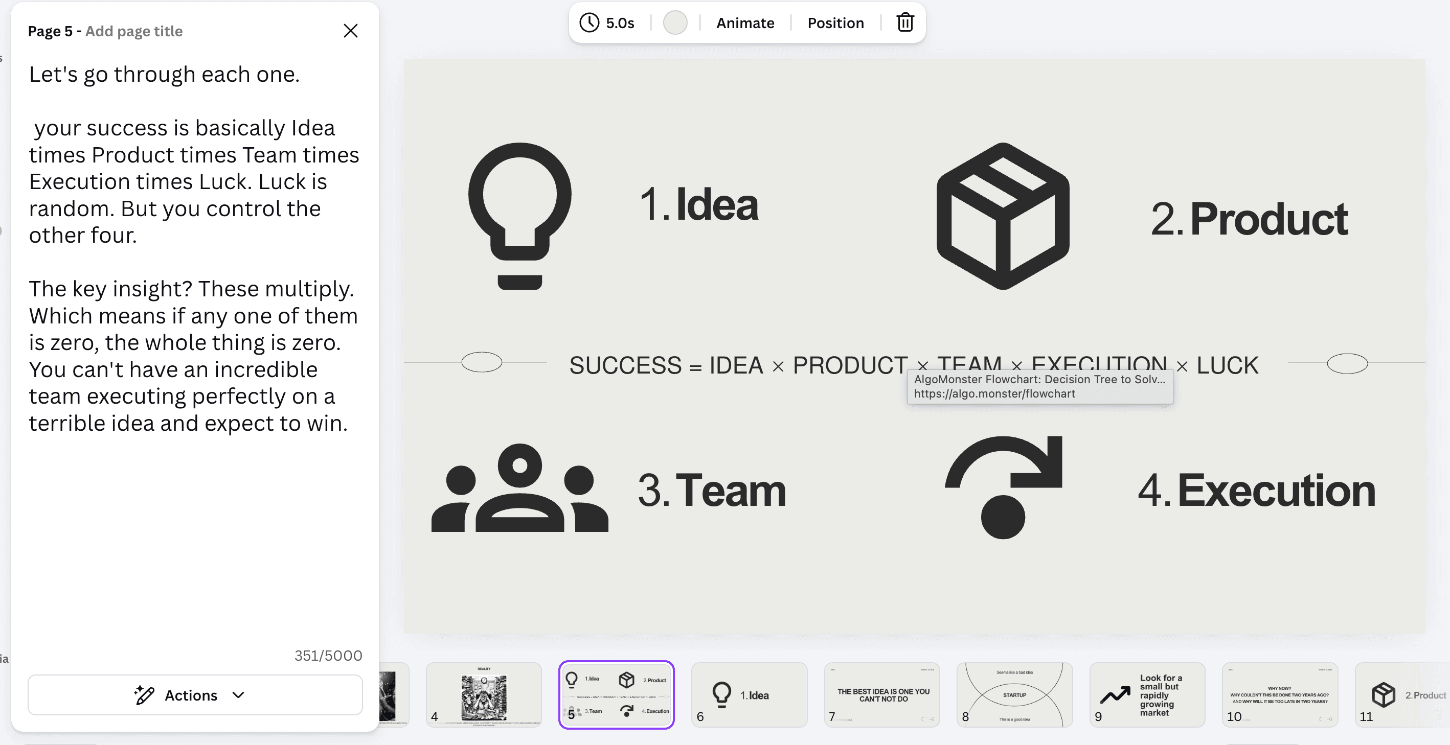 Canva slide showing the startup success formula with speaker notes