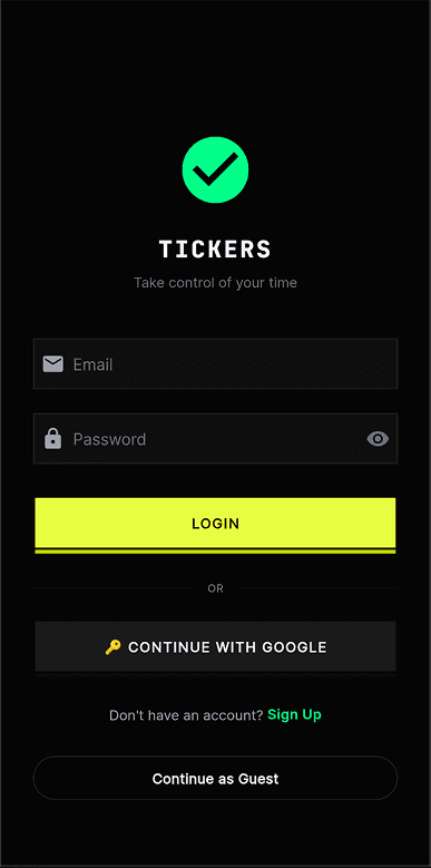 Coded Flutter login screen — actual build shipped to TestFlight, entry point into the arena and focus-integrity system.