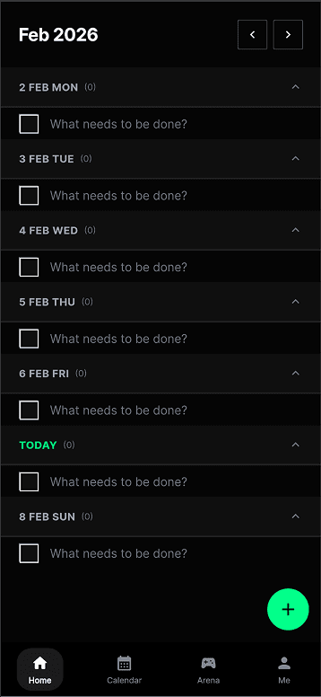 Coded Flutter to-do screen — the productivity surface that feeds commitments into arena sessions.