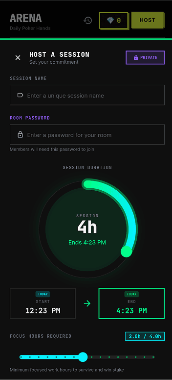 Coded Flutter private-room creation flow — commitment setup framed as invitation rather than public bet.