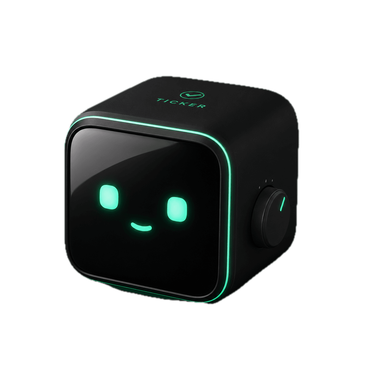 Ticker Cube concept render: matte-black cube with a green ambient light strip, a digital screen showing a smiling pet face, and a rotary dial on the right side. Top of the cube reads TICKER with a small clock mark.